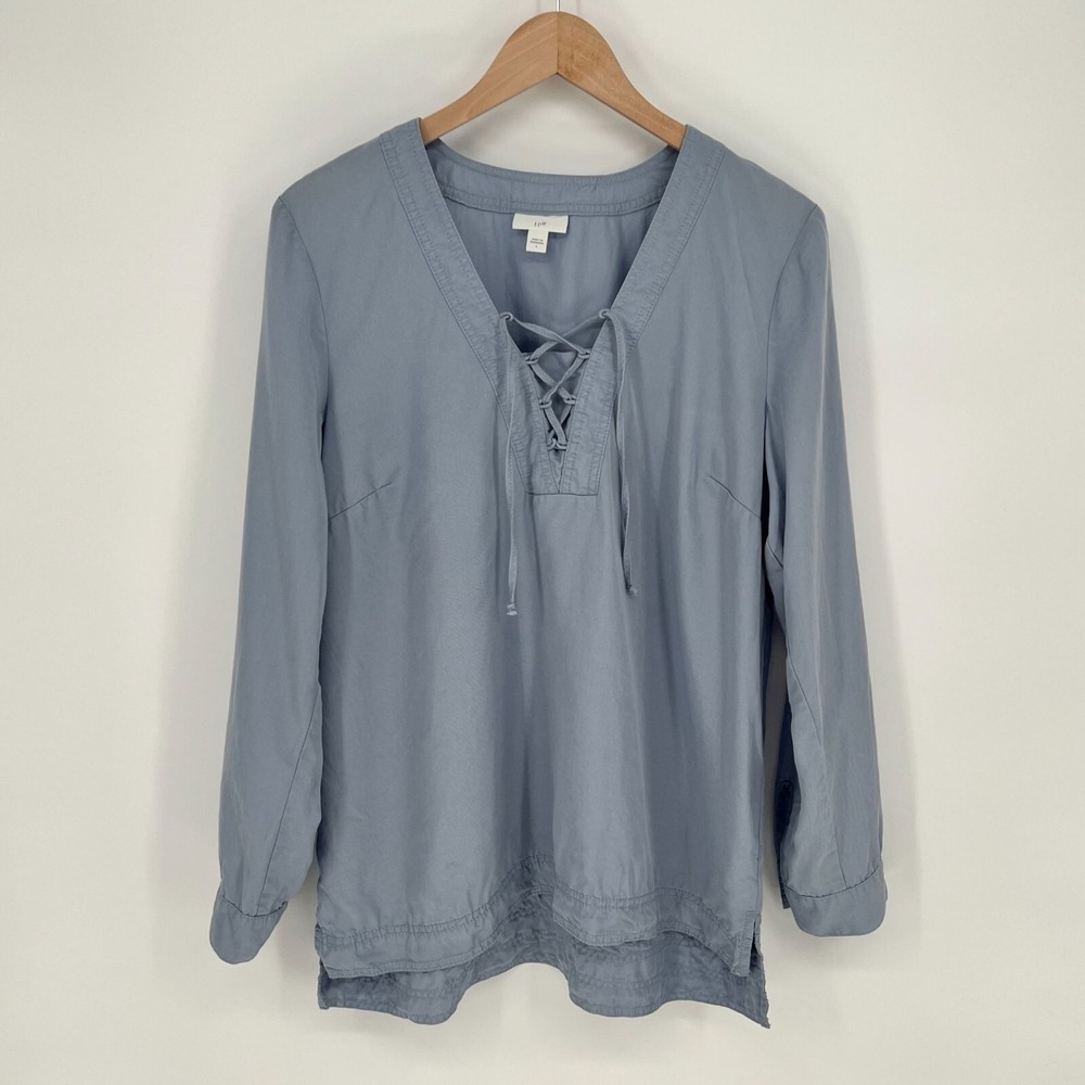 J. Jill Womens Chambray Lace Up Top Size L Blue Long Sleeve Pullover Tencel Soft